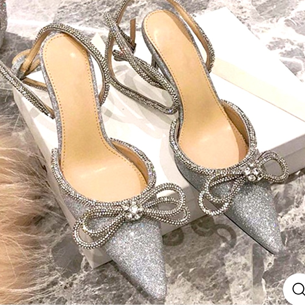 Worn once - metallic silver heels ankle wrap